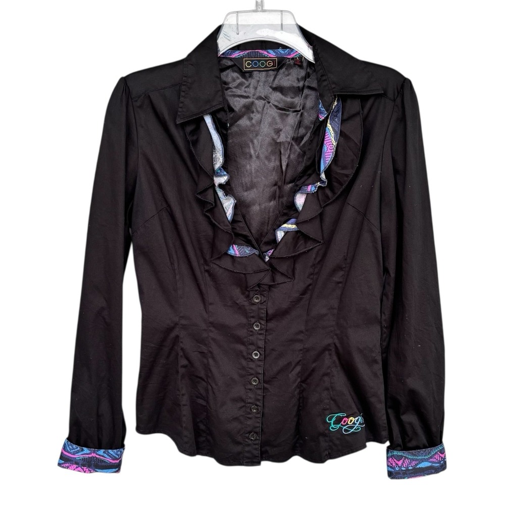 COOGI Couture Black Blouse L‎ Embroidered Eagle Graphic Ruffle Y2K Streetwear